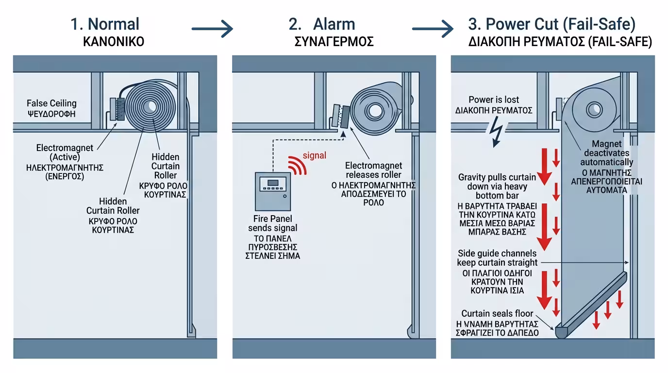 Fail-safe: ηλεκτρομαγνήτης απελευθερώνει ρολό - η βαρύτητα κατεβάζει κουρτίνα