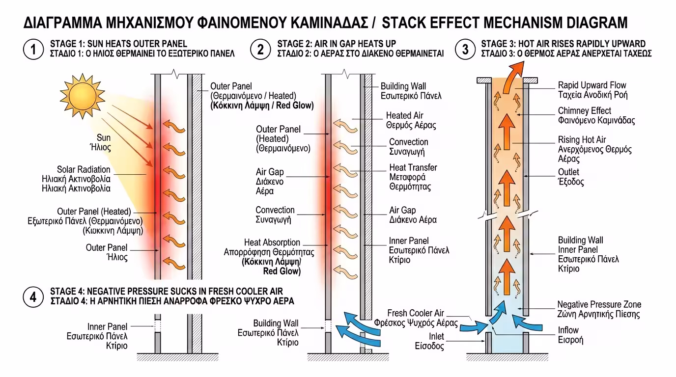 Μηχανισμός Stack Effect - ζεστός αέρας ανεβαίνει στο διάκενο