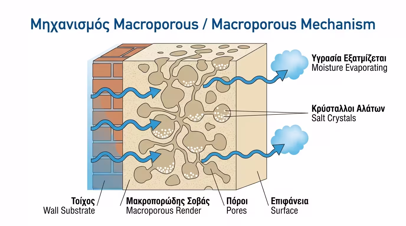 Κυψελοειδής δομή αφυγραντικού σοβά - πόροι αέρα