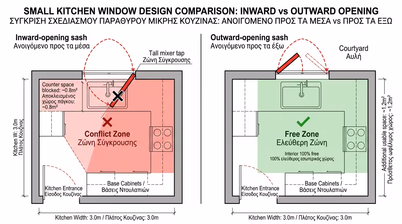 Μικρή κουζίνα - παράθυρο πάνω από νεροχύτη ανοίγει προς τα έξω