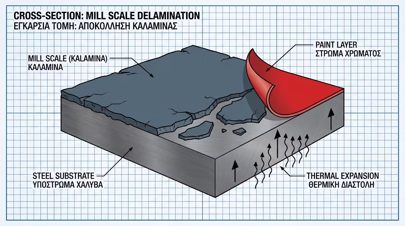 Ινφογκράφικ: Η αποκόλληση του χρώματος λόγω της καλαμίνας (μπλε-μαύρο στρώμα οξειδίων).