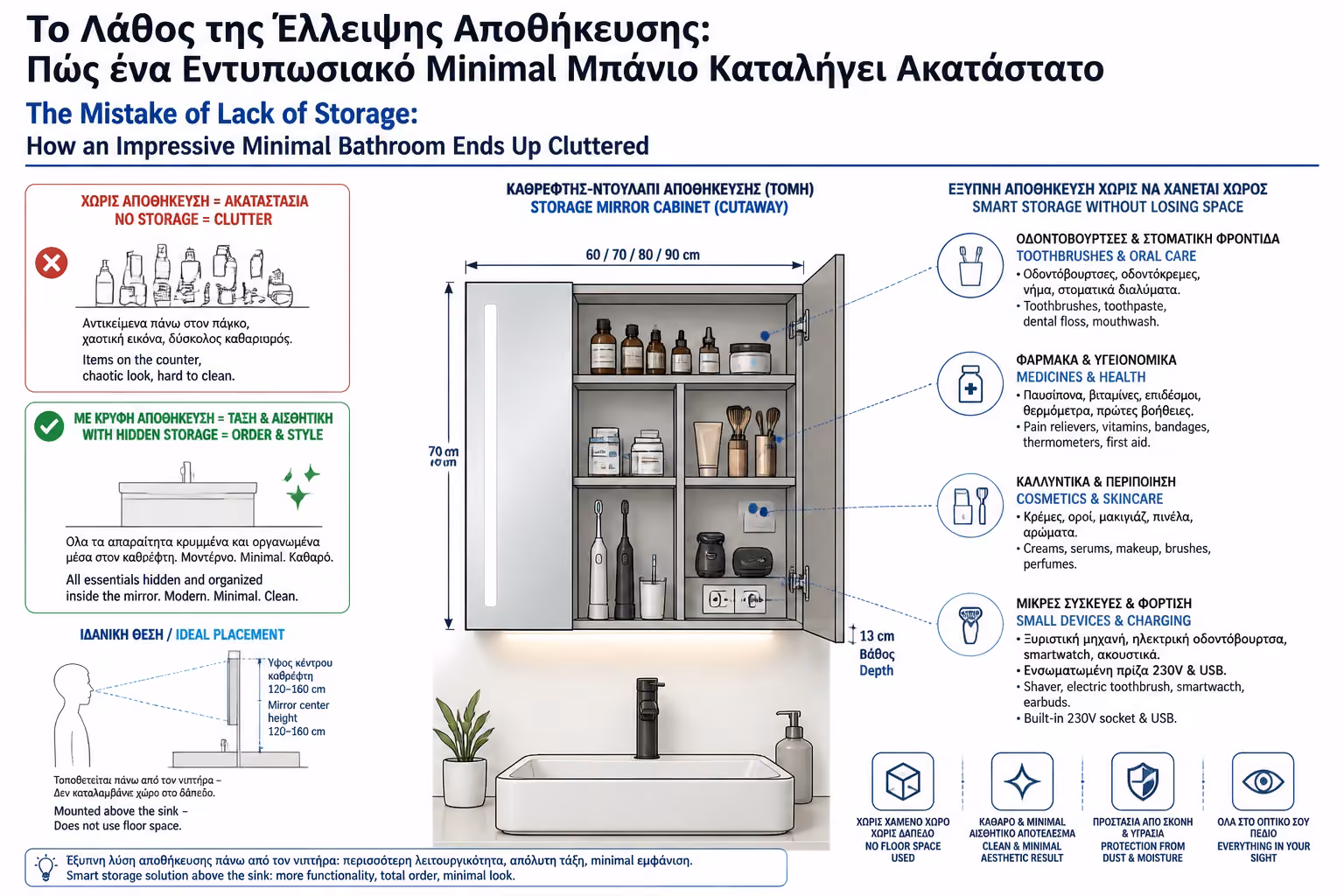 Εικονογράφηση για καθρέφτη-ντουλάπι ως λύση κρυφής αποθήκευσης