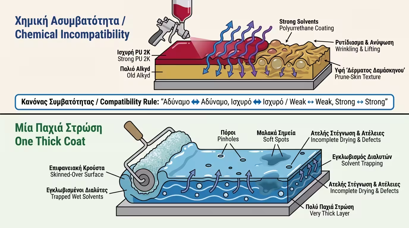 Ινφογκράφικ: Ισχυρό χρώμα (PU 2K) πάνω σε αδύναμο (λαδομπογιά) → ζάρωμα/lifting. Παχιά στρώση → solvent entrapment.