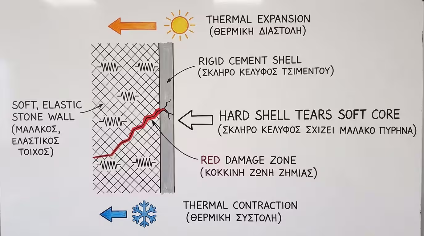 Τομή: άκαμπτο τσιμέντο πάνω σε ελαστική πέτρα - ρωγμές από θερμική συστολοδιαστολή
