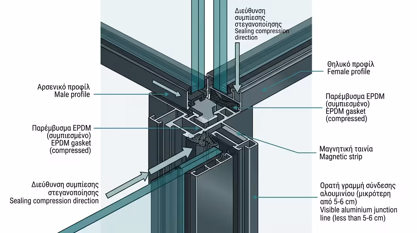 Δύο γωνιακά φύλλα - αρσενικό/θηλυκό προφίλ, ελαστικά EPDM, μαγνητικά προφίλ