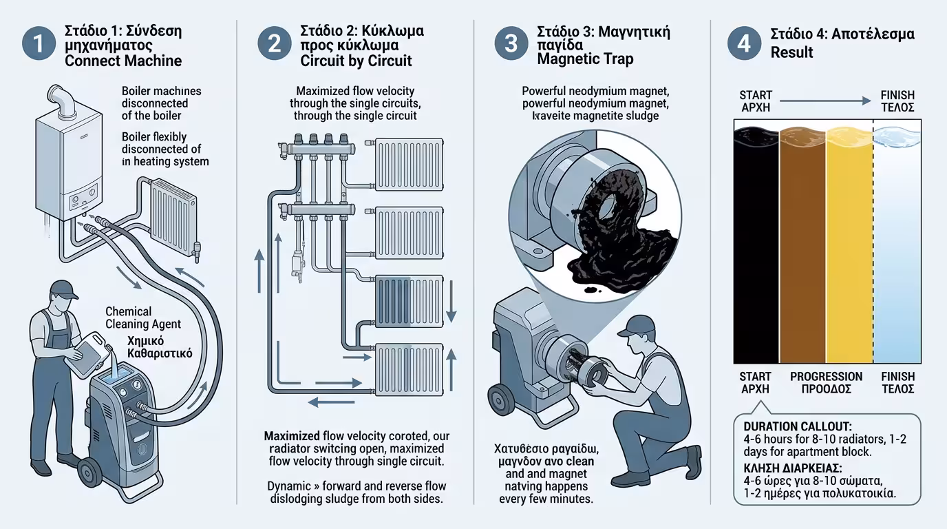 Μηχάνημα power flush σε κύκλωμα θέρμανσης – αντλία, χημικό καθαρισμού, bypass