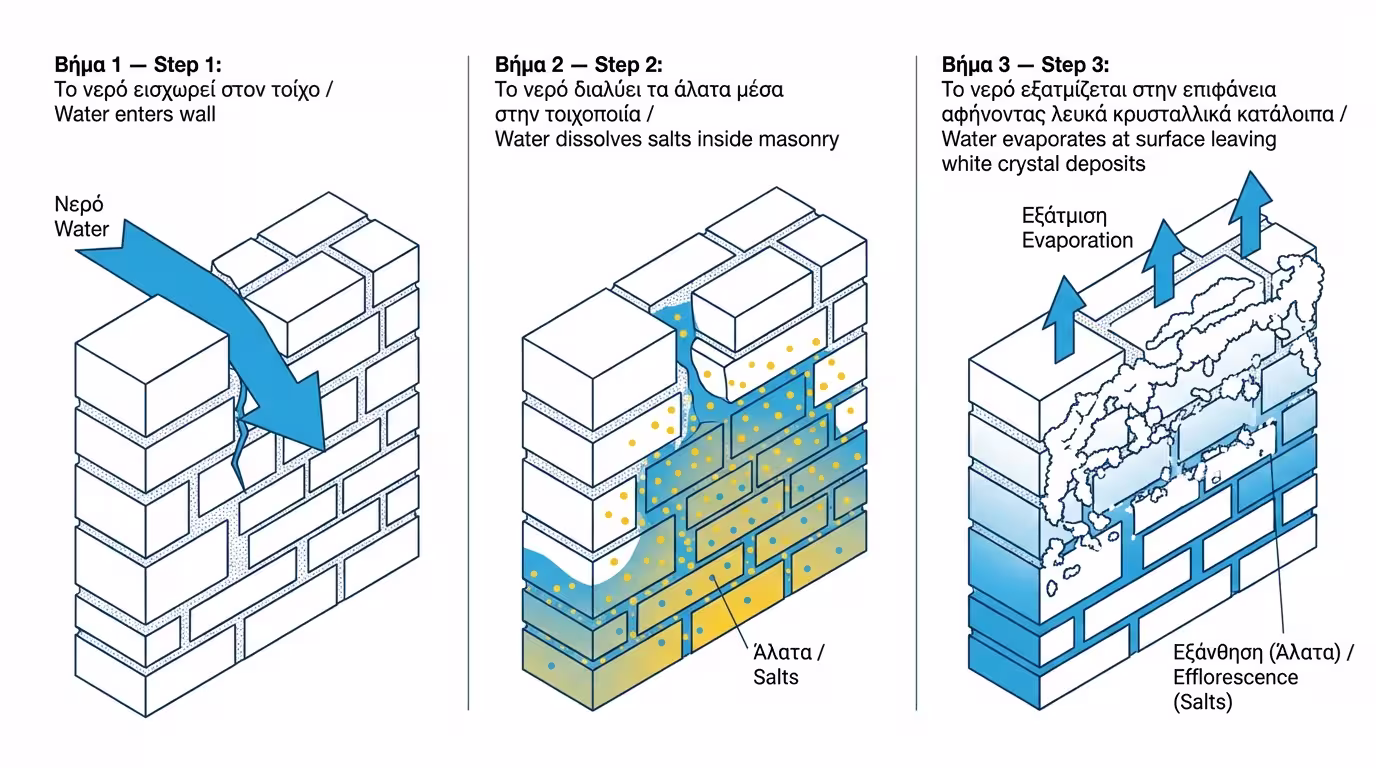 Μηχανισμός: νερό + άλατα → εξάτμιση → κρυσταλλοποίηση