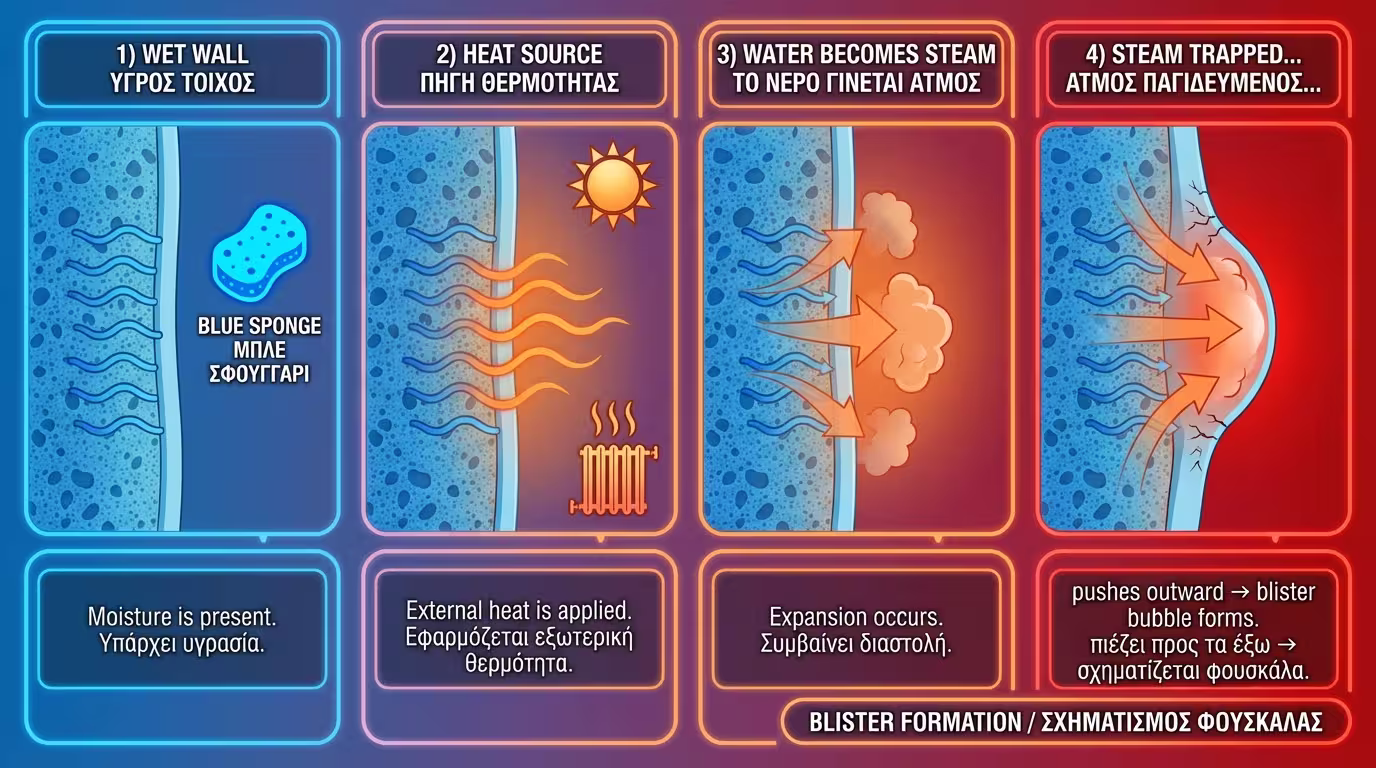 Μηχανισμός: νερό → ατμός → πίεση πίσω από χρώμα → φουσκάλα