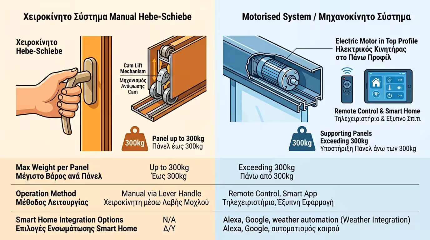 Hebe-Schiebe σε πολύφυλλο - χειροκίνητος vs ηλεκτροκίνητος μηχανισμός