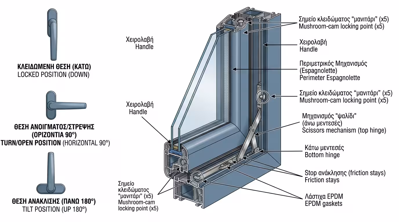 Τομή μηχανισμού Tilt & Turn - ενιαία λαβή, περιμετρικός μηχανισμός, τρεις θέσεις