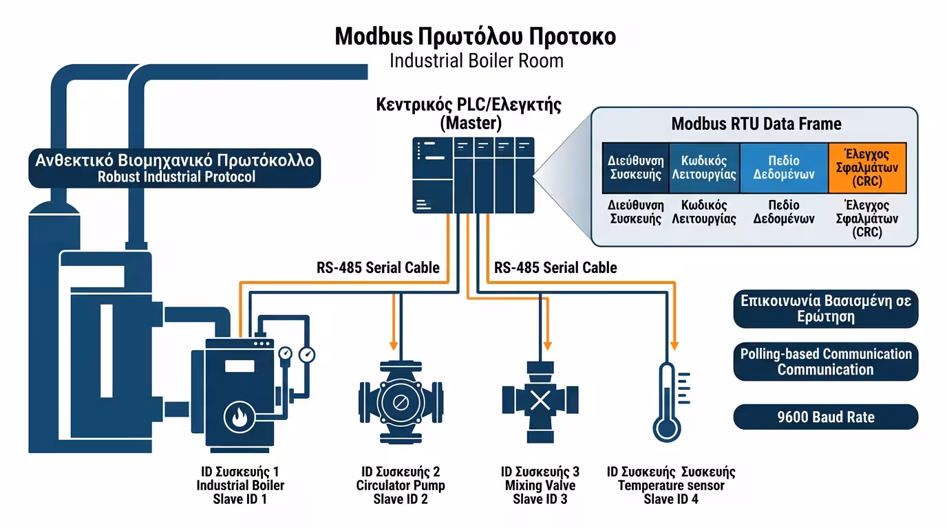 Modbus Master/Slave - λεβητοστάσιο, βιομηχανικό πρωτόκολλο, στιβαρό