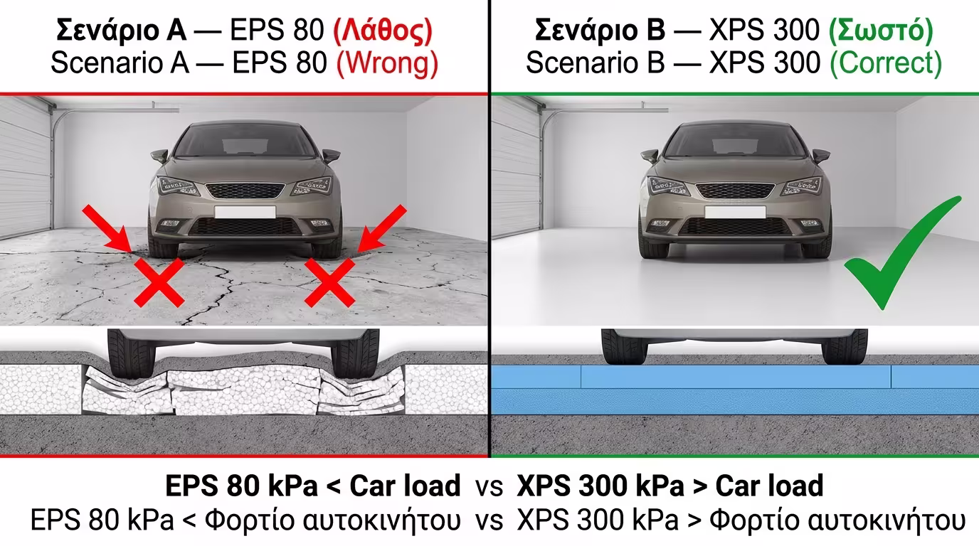 Μοντέλο 10x10 - σύγκριση EPS 80 vs XPS 300 σε δάπεδο γκαράζ