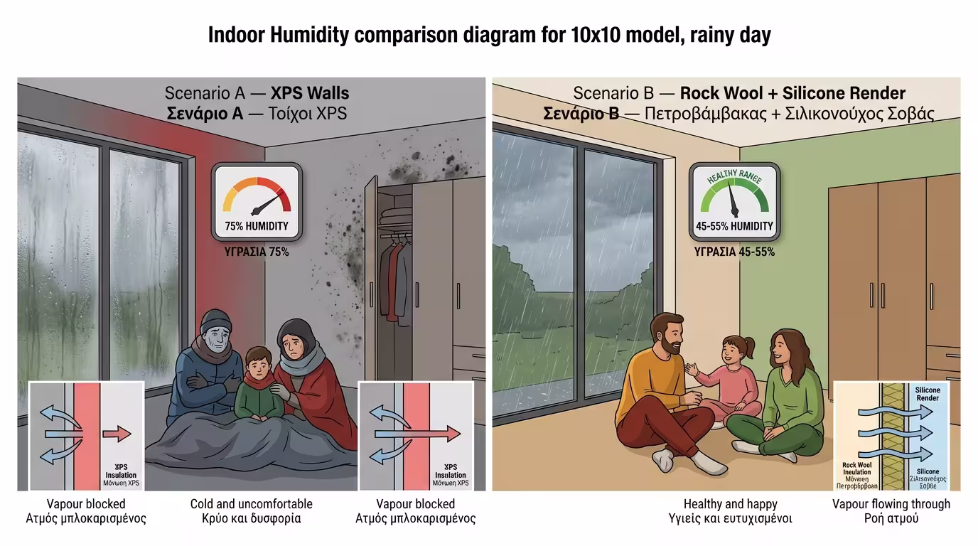 Μοντέλο 10x10 - σύγκριση XPS vs πετροβάμβακας σε υγρασία