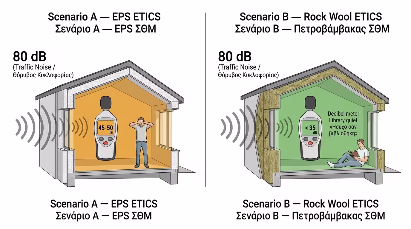 Μοντέλο 10x10 - σύγκριση θορύβου EPS vs πετροβάμβακα σε λεωφόρο