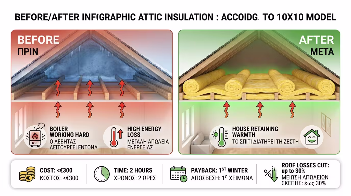 Μοντέλο 10x10 - υαλοβάμβακας σε ρολά στο πάτωμα σοφίτας