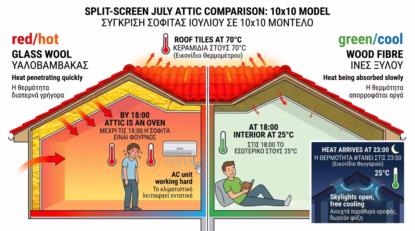 Μοντέλο 10x10 - σύγκριση υαλοβάμβακα vs ξυλοβάμβακα σε καύσωνα
