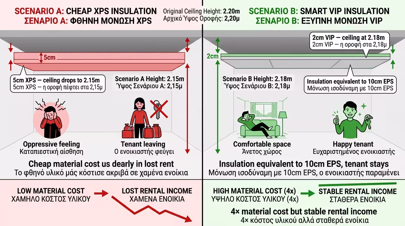 Μοντέλο 10x10 - μόνωση χαμηλοτάβανου υπόγειου VIP vs XPS