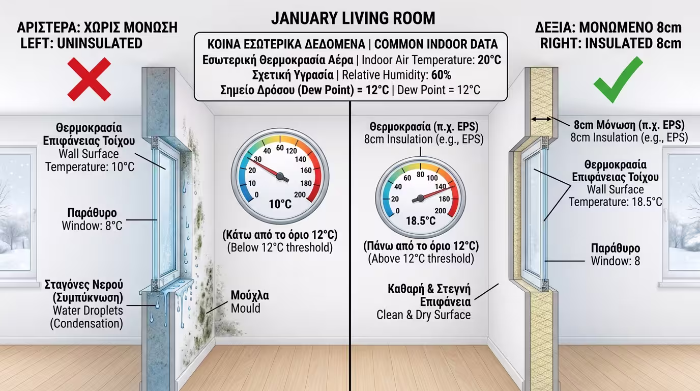 Μοντέλο 10x10 - Σημείο Δρόσου αμόνωτο vs μονωμένο σπίτι