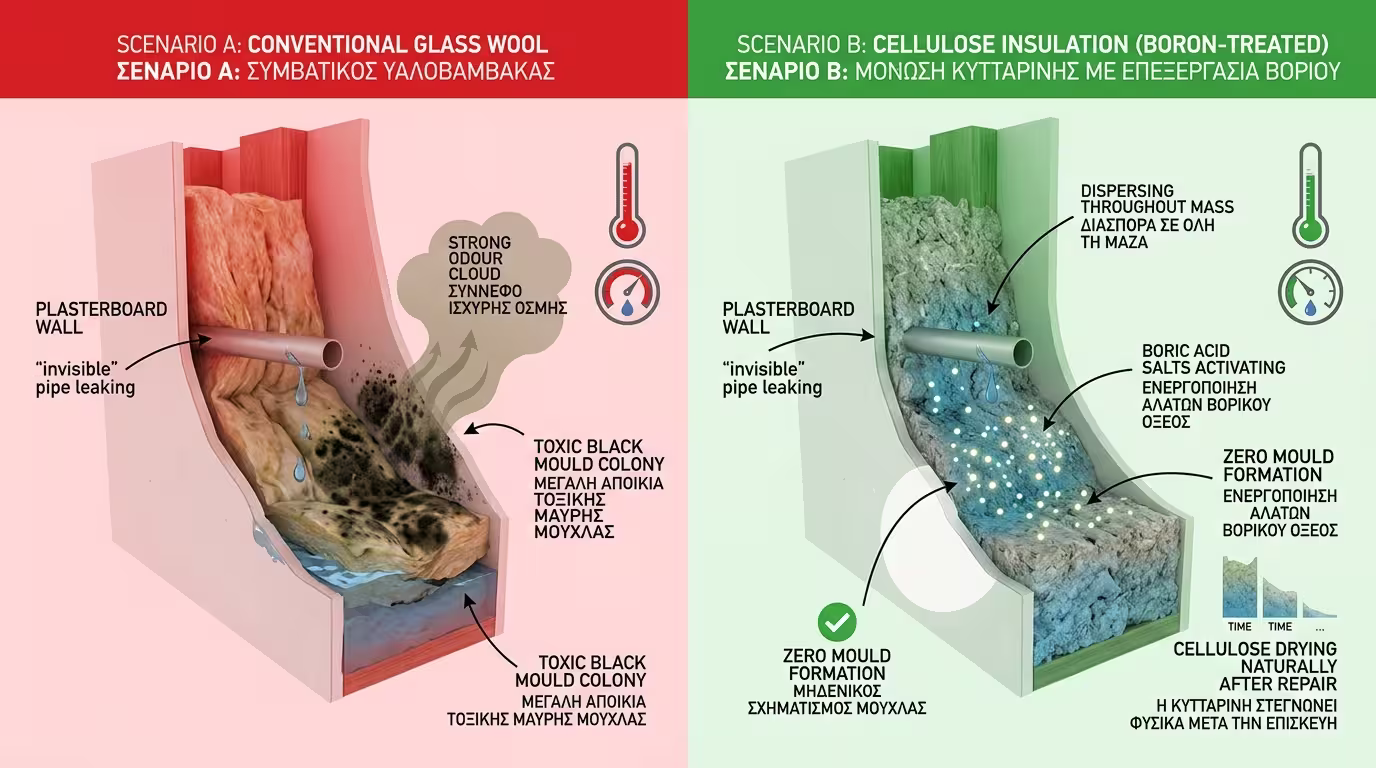 Μοντέλο 10x10 - σενάριο αόρατης διαρροής σε τοίχο με βιολογική μόνωση