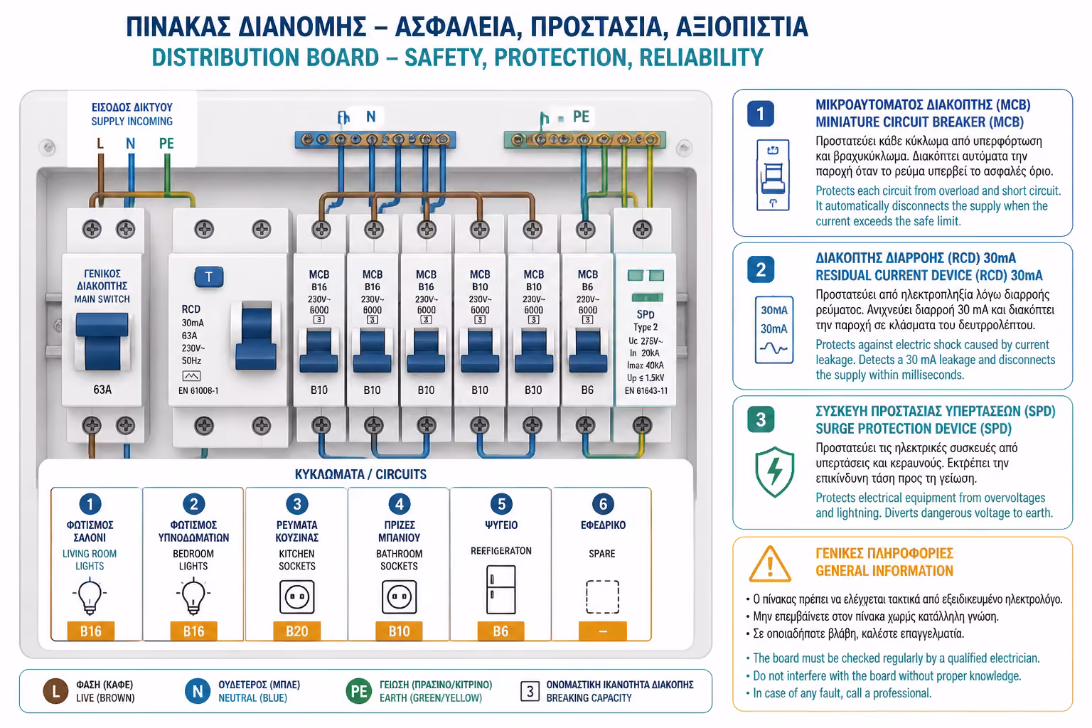 Σύγχρονος πίνακας με MCB, RCD και αντικεραυνικό