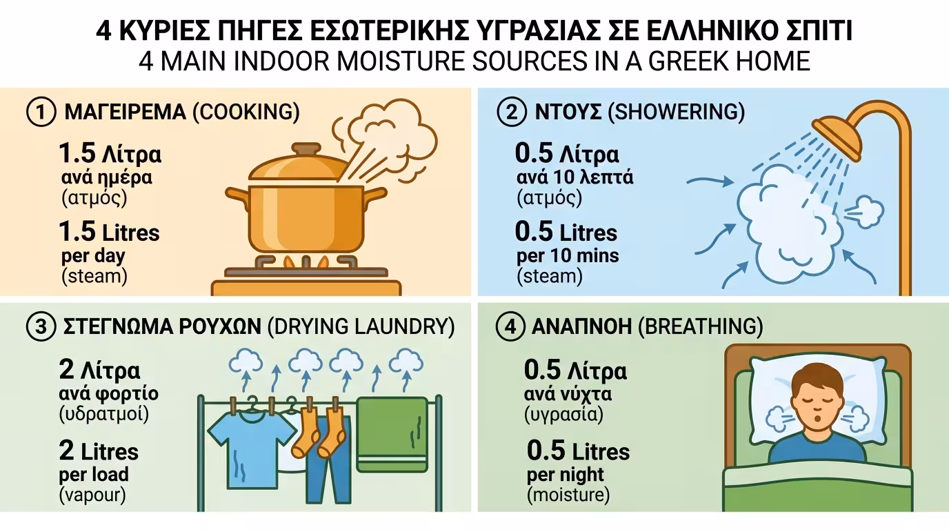 Πηγές υγρασίας στο σπίτι: μαγείρεμα, μπάνιο, ρούχα, αναπνοή