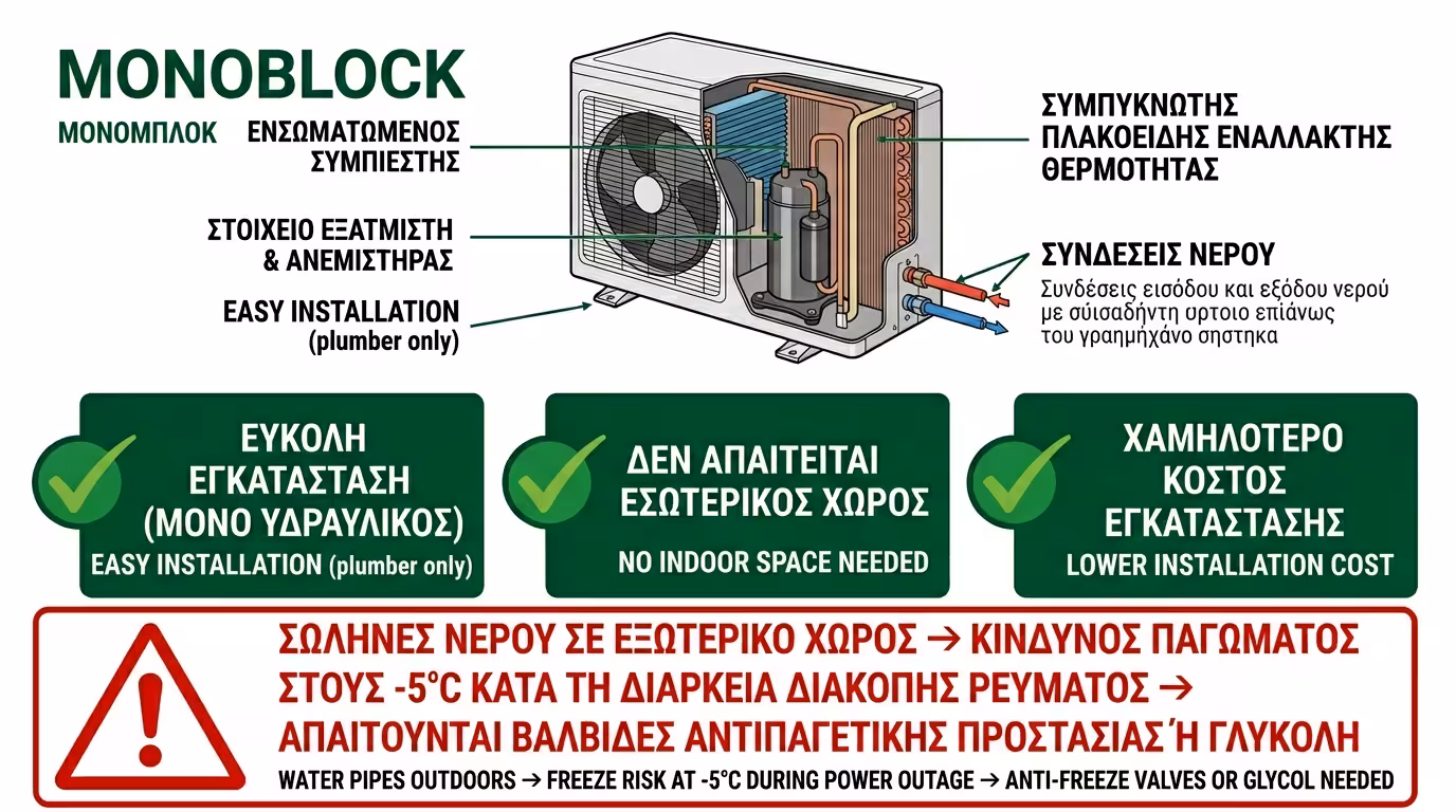 Αντλία θερμότητας Monoblock - ενιαίο εξωτερικό μηχάνημα με ενσωματωμένα υδραυλικά