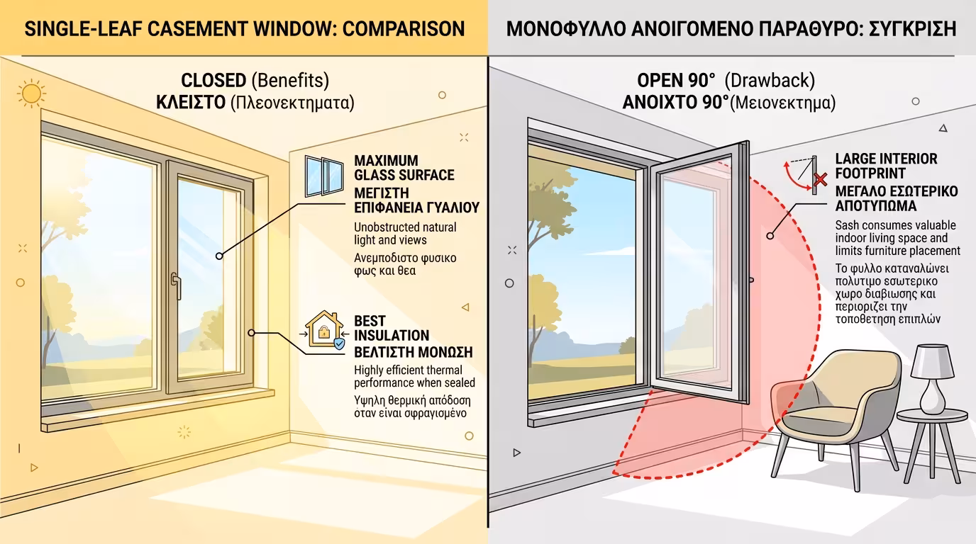 Μονόφυλλο ανοιγόμενο κούφωμα - μέγιστη γυάλινη επιφάνεια, ανεμπόδιστη θέα