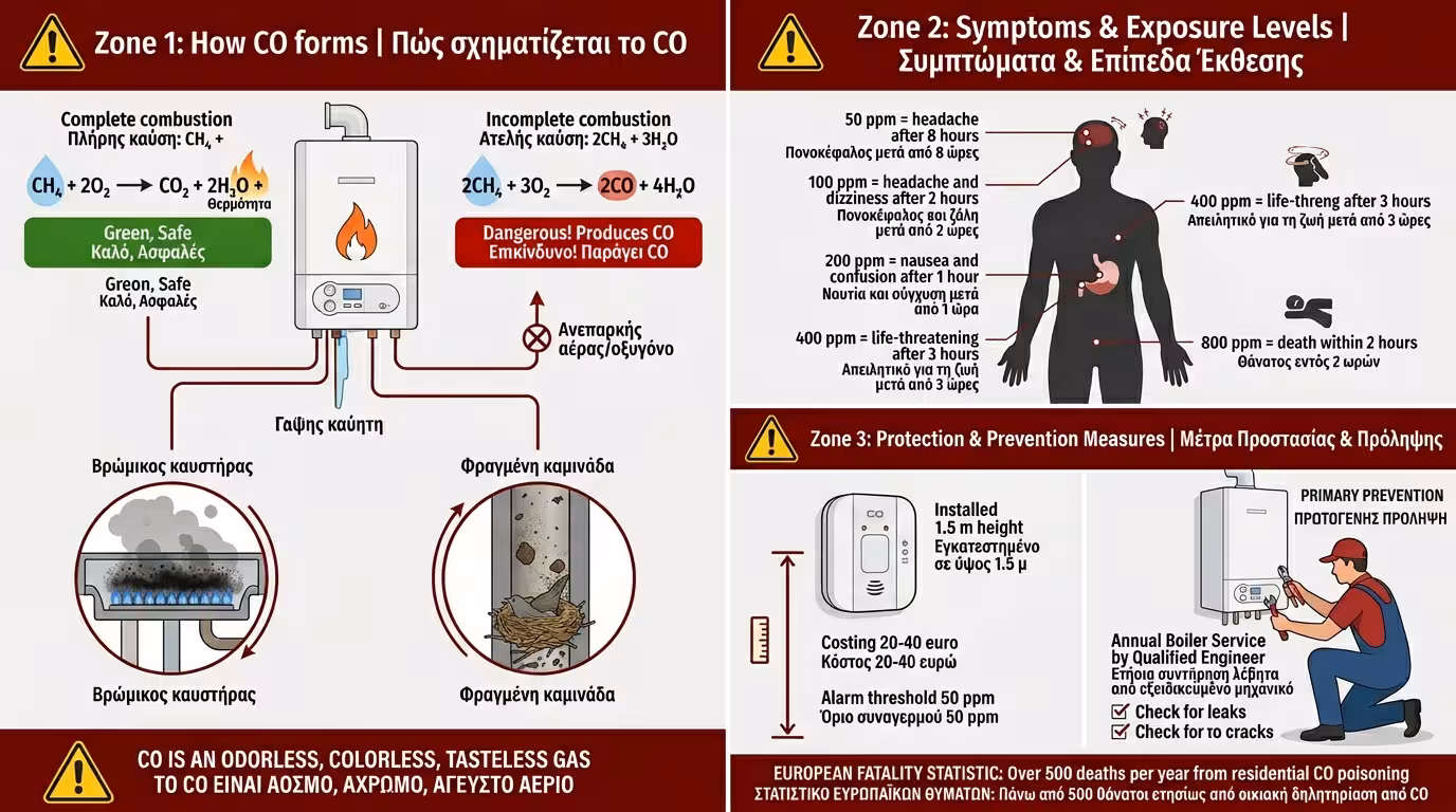 Μονοξείδιο CO – κίνδυνος δηλητηρίασης, αόσμο αέριο, ανιχνευτής