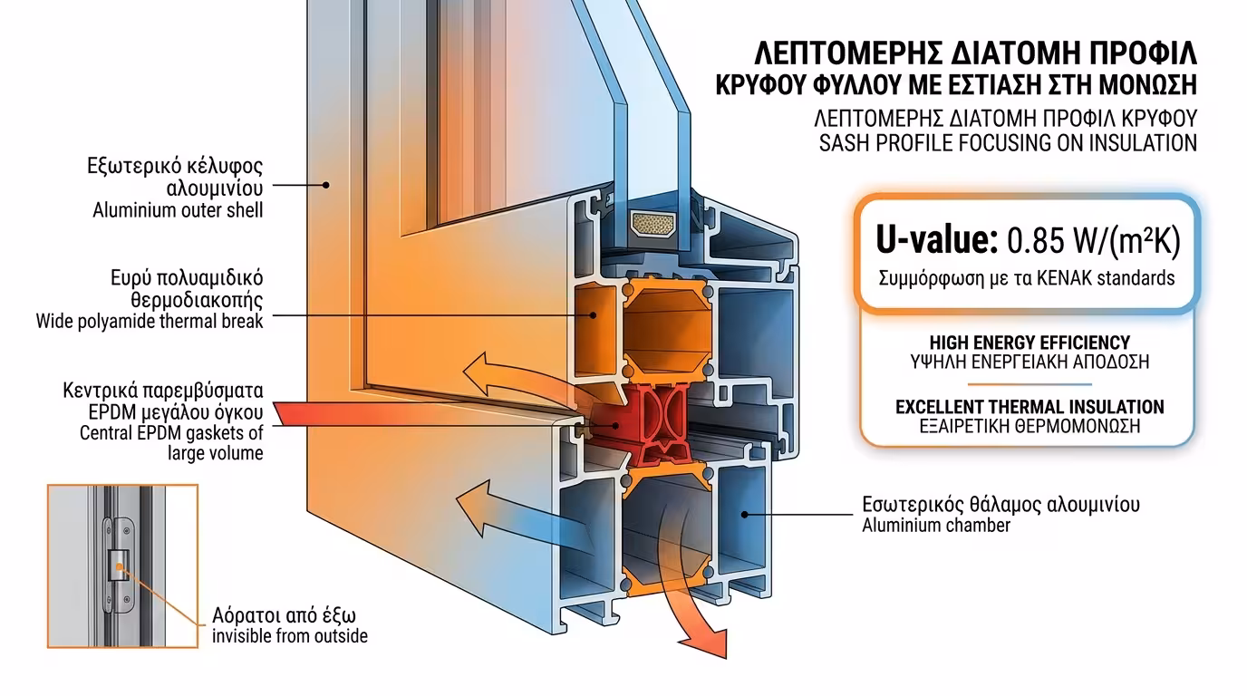 Θερμοδιακοπή πολυαμιδίου και ελαστικά EPDM σε σύστημα κρυφού φύλλου