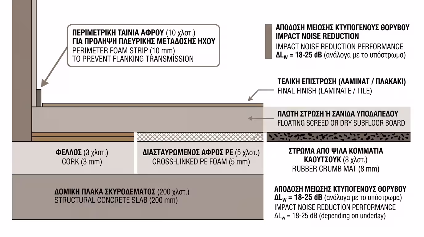 Κτυπογενής θόρυβος - πλωτό δάπεδο, αντικραδασμικά υποστρώματα
