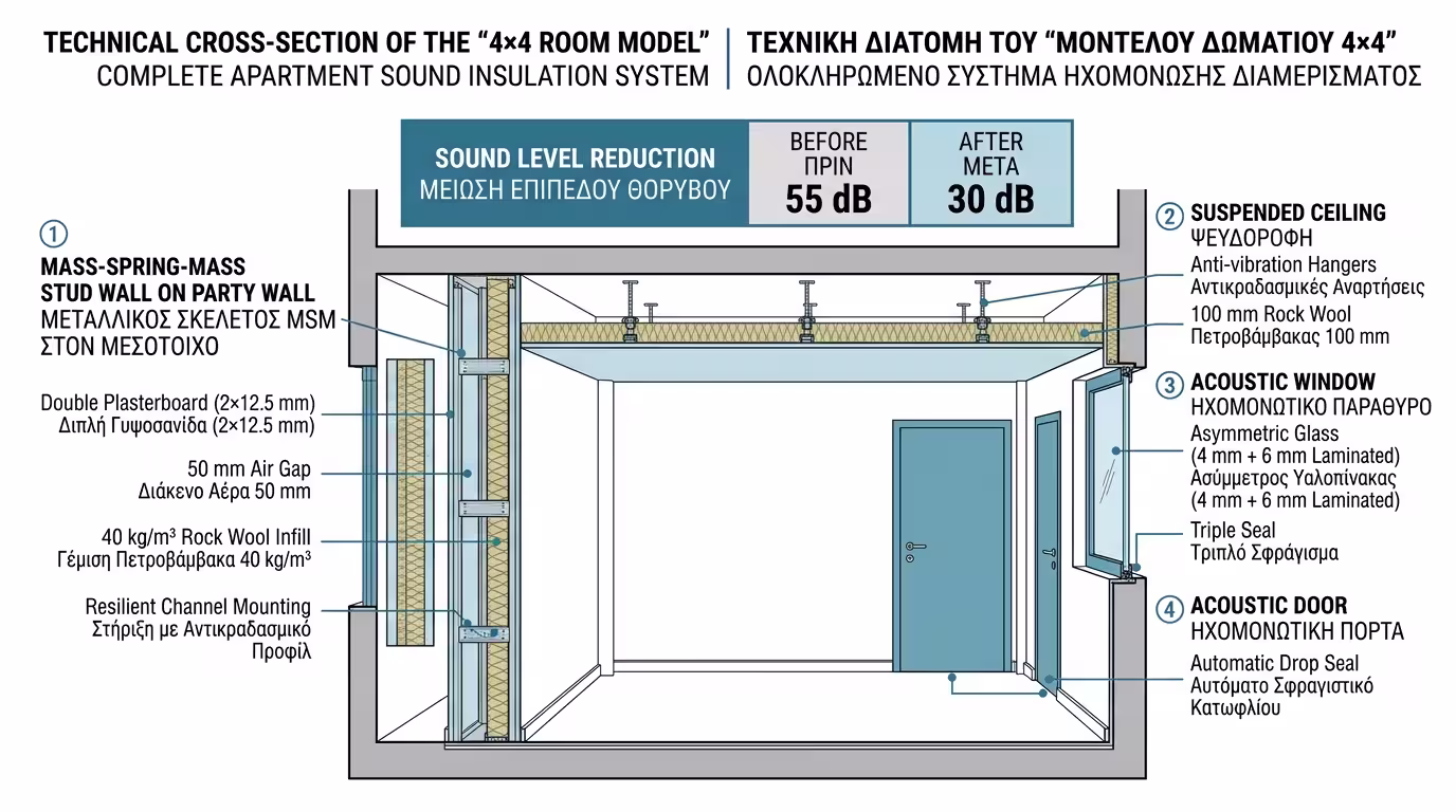 Ηχομόνωση διαμερίσματος - ψευδοτοιχία, ψευδοροφή, κουφώματα