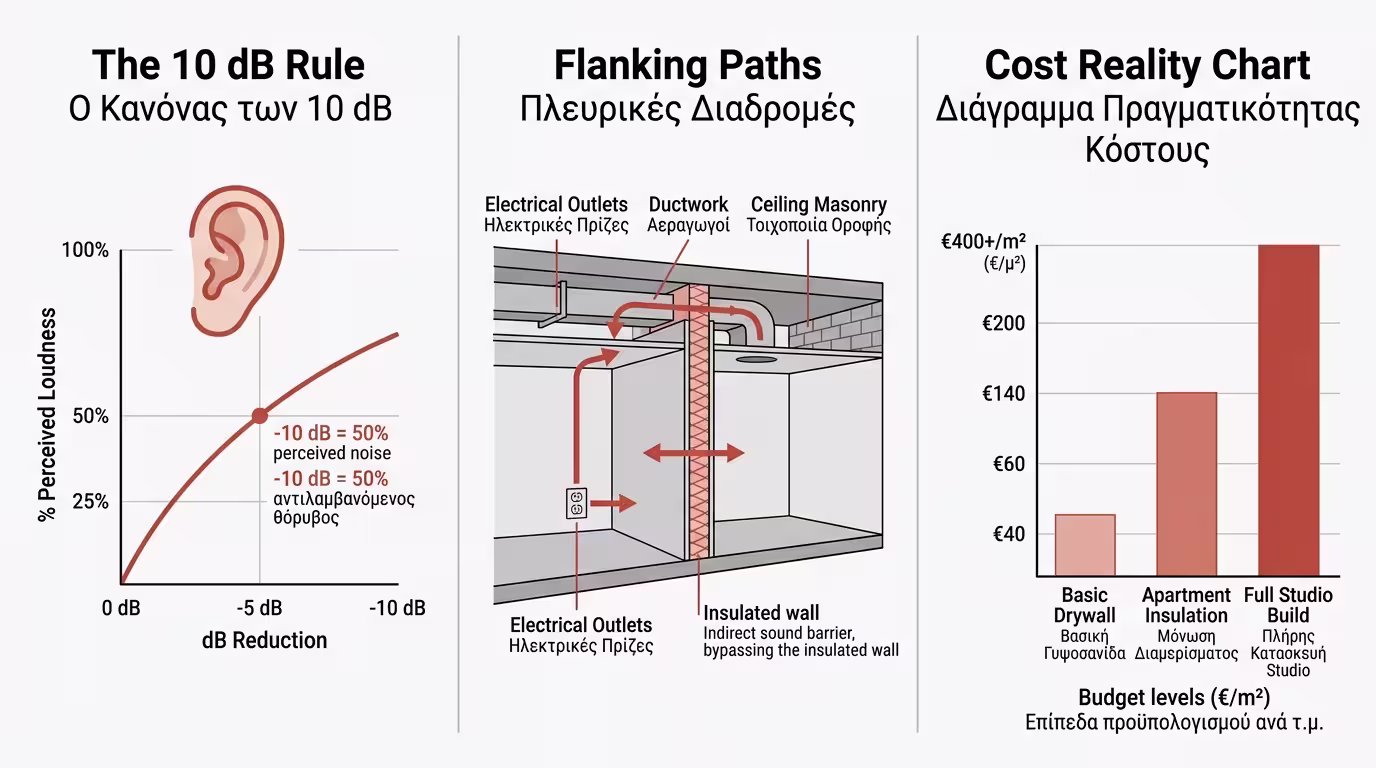Μετρήσεις ηχομόνωσης - ηχόμετρο, πλευρικές μεταδόσεις, όρια