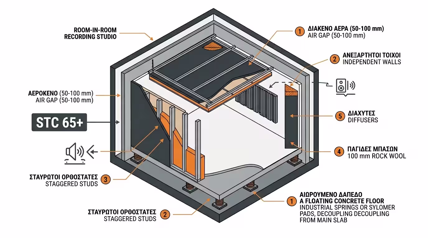 Ηχομόνωση studio - Room-in-Room, Bass Traps, αποσύζευξη