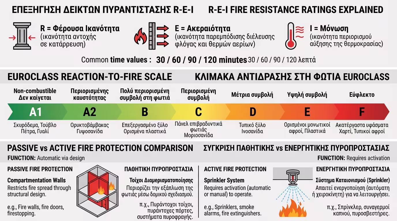 Αρχές πυροπροστασίας - δείκτες REI, χρόνοι εκκένωσης, Euroclasses
