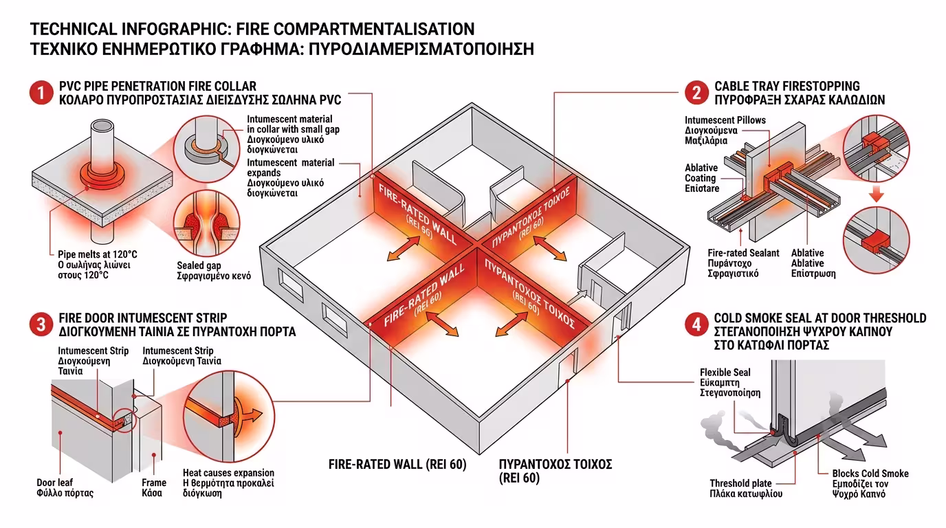Πυροδιαμερισματοποίηση - fire stopping, σφραγίσεις, smoke seals