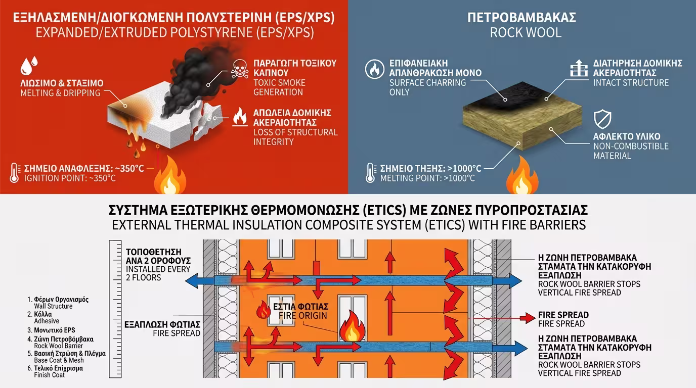 Μονωτικά στη φωτιά - EPS vs πετροβάμβακας, fire barriers, ETICS