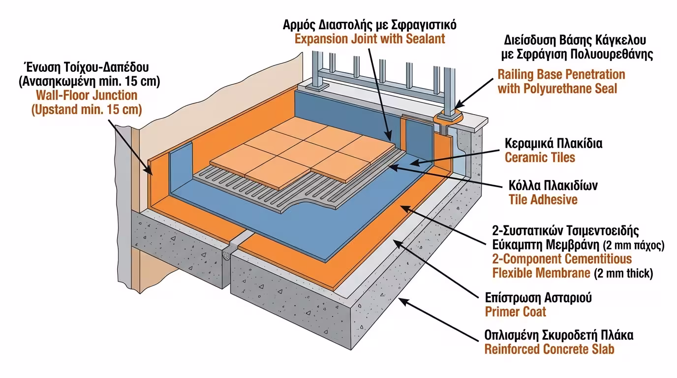 Υγρομόνωση μπαλκονιού - στρώσεις, αρμοί διαστολής, σφράγιση