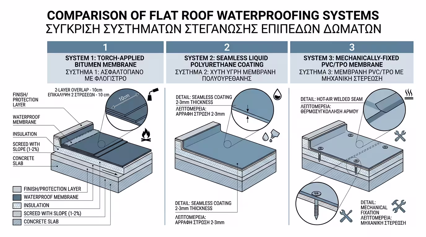 Υγρομόνωση ταράτσας - ασφαλτόπανα, επαλειφόμενα, μεμβράνες PVC
