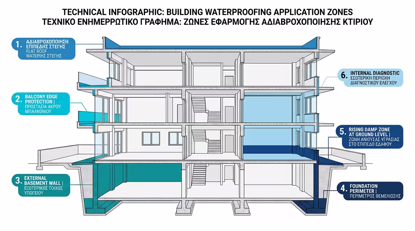 Υγρομόνωση κτιρίων - στεγανοποίηση ταράτσας, μπαλκονιών, υπογείων