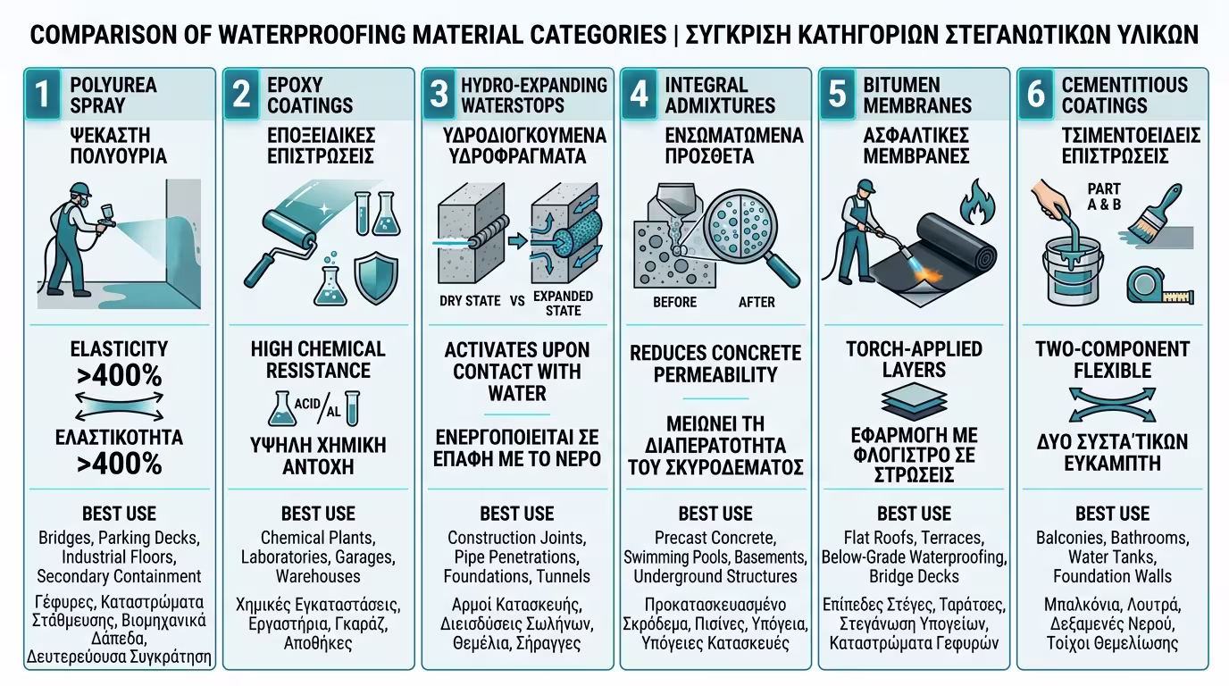 Υλικά στεγανοποίησης - πολυουρία, εποξειδικά, υδροδιογκούμενα
