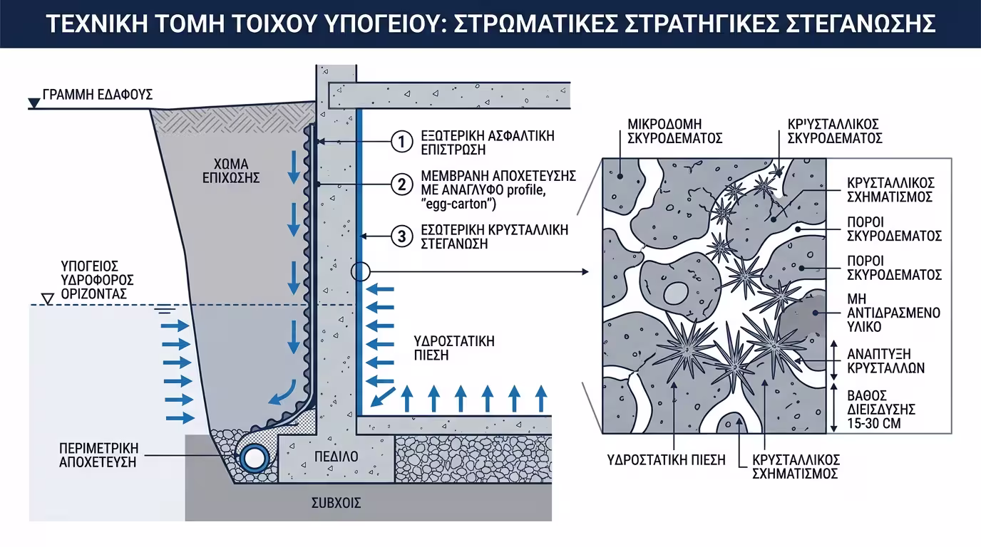 Υγρομόνωση υπογείων - τσιμεντοειδή, κρυσταλλική, αποστραγγιστικές
