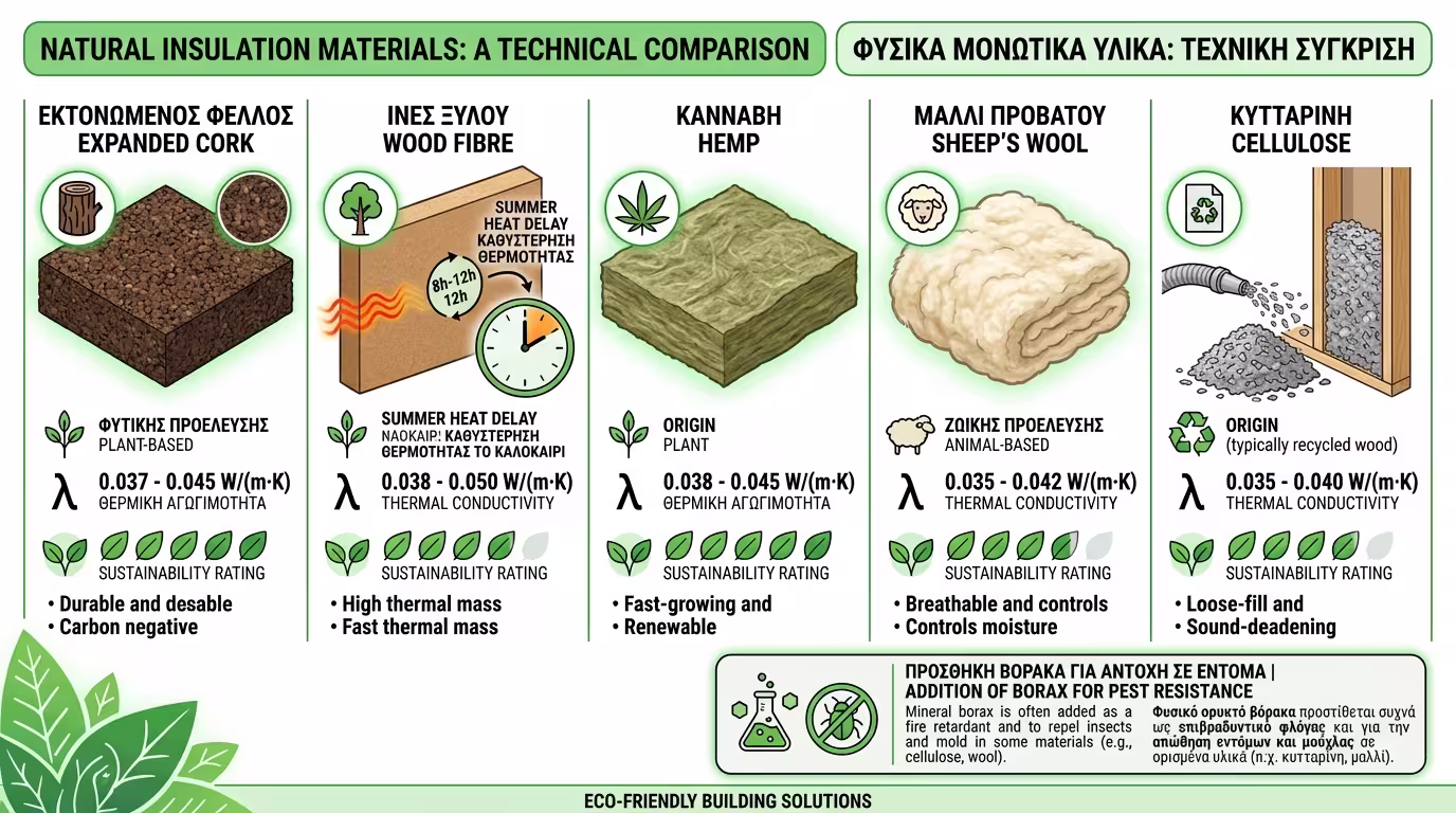 Φυσικά μονωτικά υλικά: φελλός, ίνες ξύλου, κάνναβη