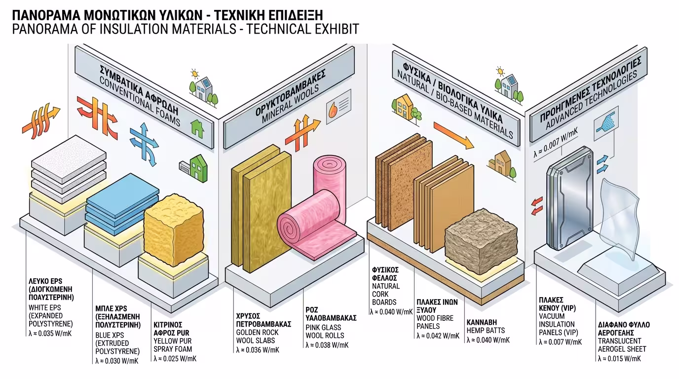 Θερμομονωτικά υλικά: EPS, XPS, πετροβάμβακας, φελλός, αεροτζέλ