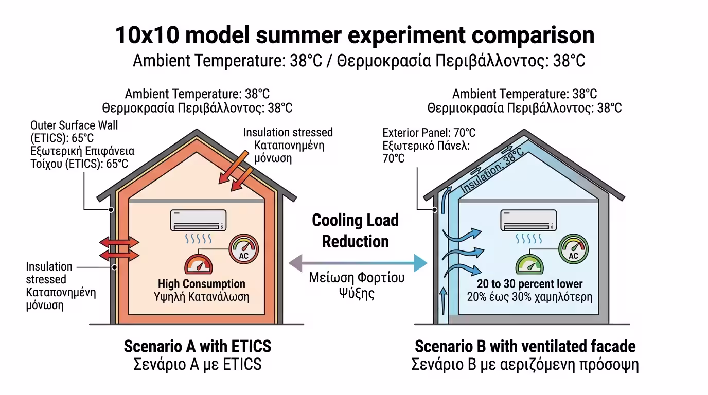 Μοντέλο 10x10 - σενάριο Α (ETICS) vs σενάριο Β (αεριζόμενη)