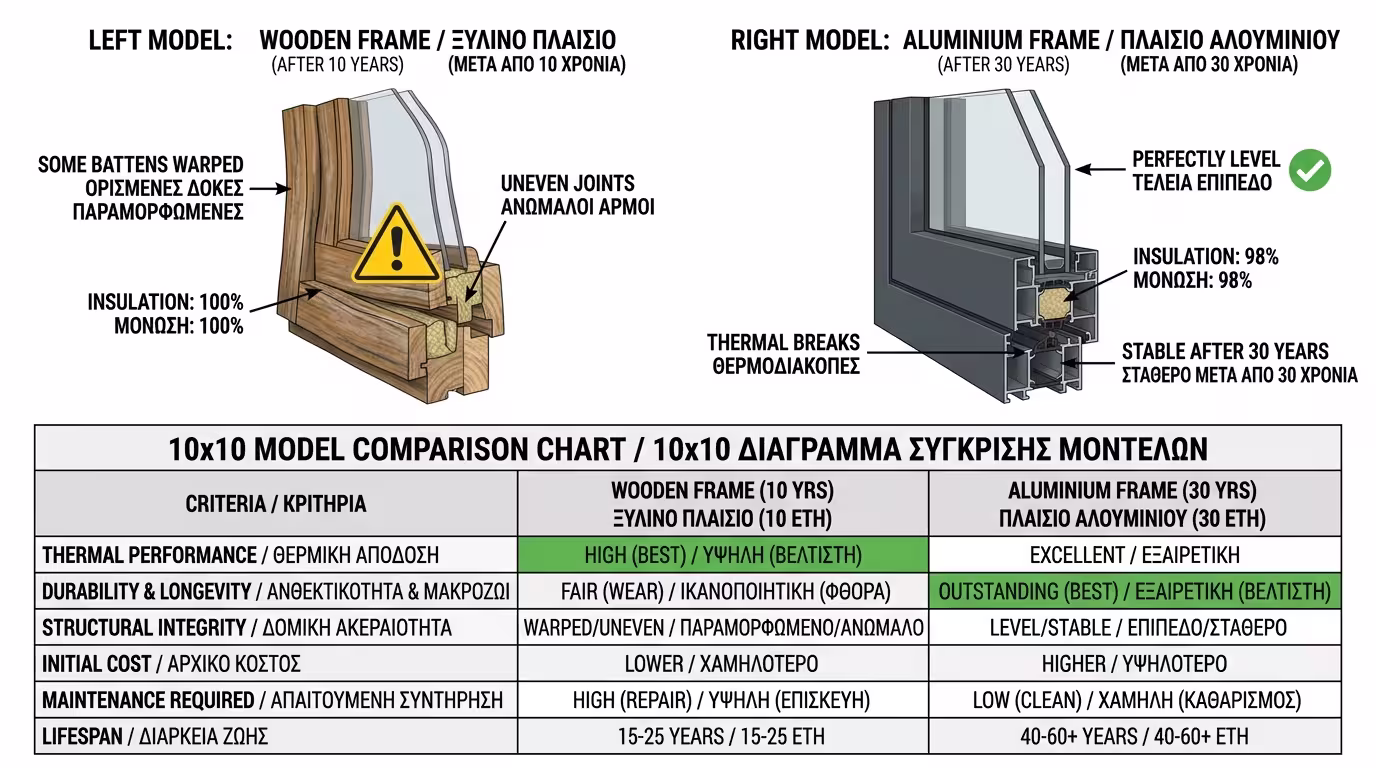 Μοντέλο 10x10 - ξύλινος vs αλουμινένιος σκελετός μετά 10 χρόνια
