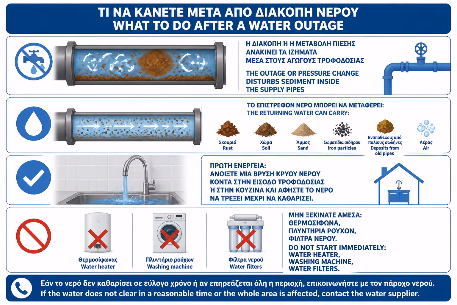Καφέ νερό μετά από διακοπή, ως εικονογράφηση για ανατάραξη ιζημάτων στο δίκτυο