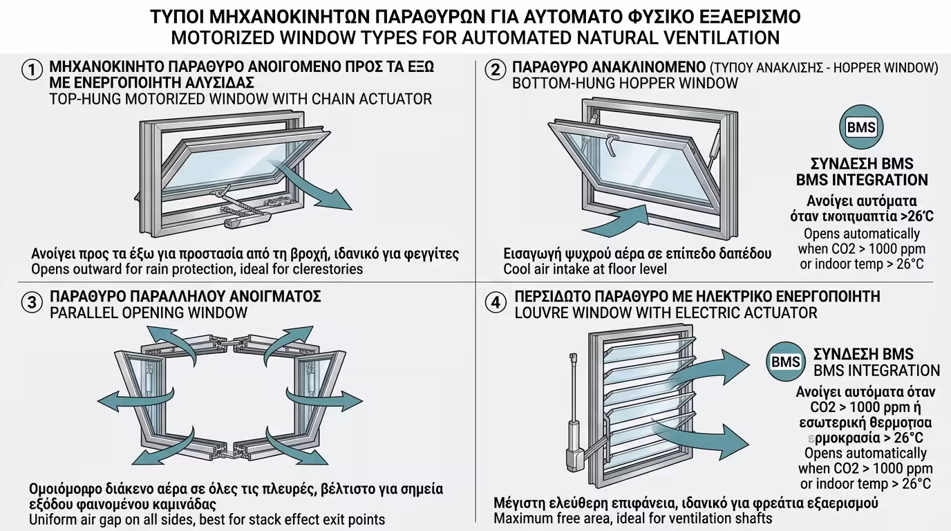 Ηλεκτροκίνητα παράθυρα οροφής και προβαλλόμενα κουφώματα για stack effect