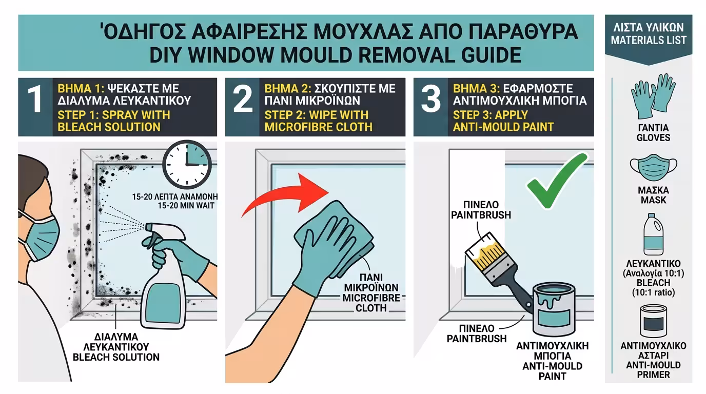 3 βήματα DIY αφαίρεσης μούχλας: ψεκασμός, αναμονή, σκούπισμα