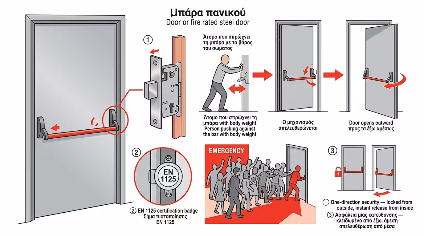 Μπάρα πανικού panic bar σε πυράντοχη πόρτα - πρότυπο EN 1125