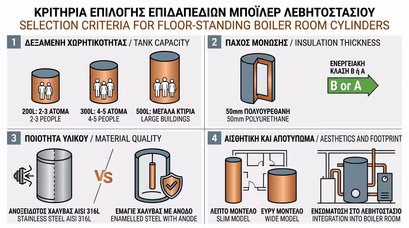 Μπόιλερ δαπέδου - μόνωση, χωρητικότητα, αισθητική σκεπής